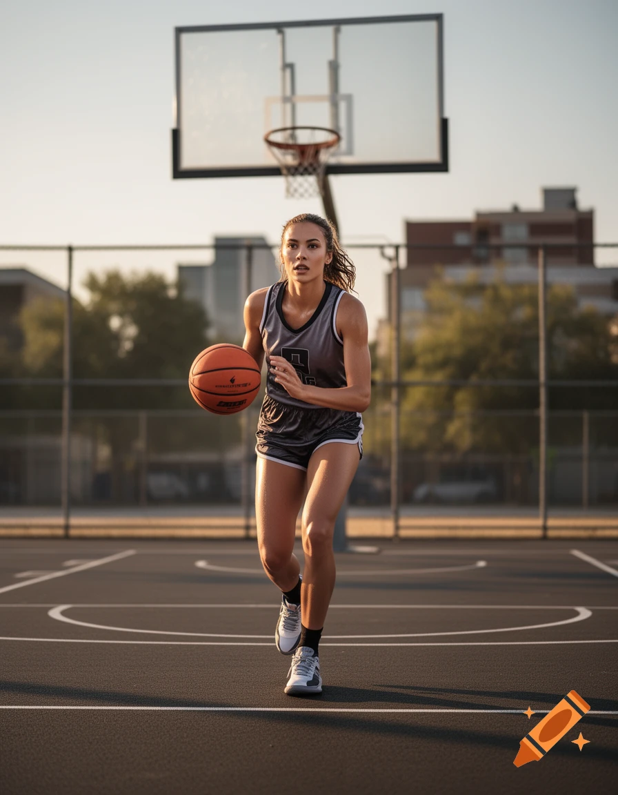 Photorealistic image of a tall, slender woman dribbling a basketball on an outdoor court.