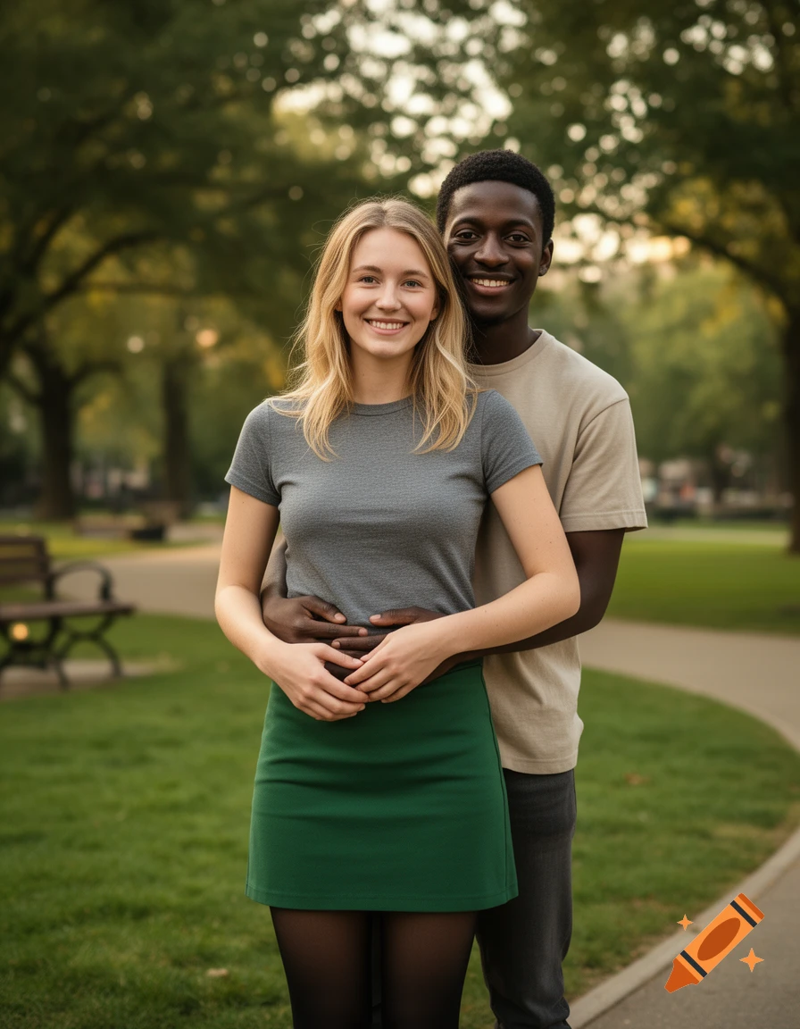 Photorealistic portrait of a smiling white woman and a black man embracing in a park.
