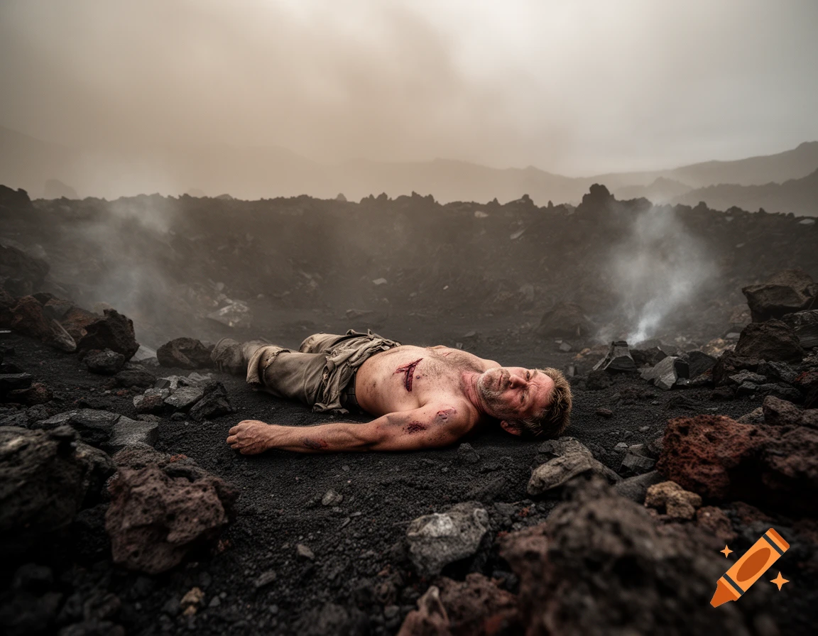 A photorealistic image of a 40-year-old man lying injured with a chest scar in a volcanic crater surrounded by ash and dust.
