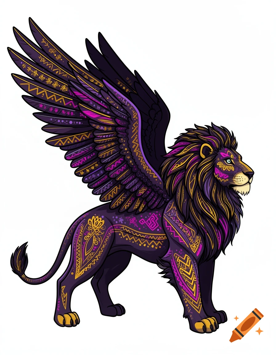 An illustration of a hybrid creature with a purple and gold lion body and large feathered raven wings, decorated with Mexican folk art patterns.