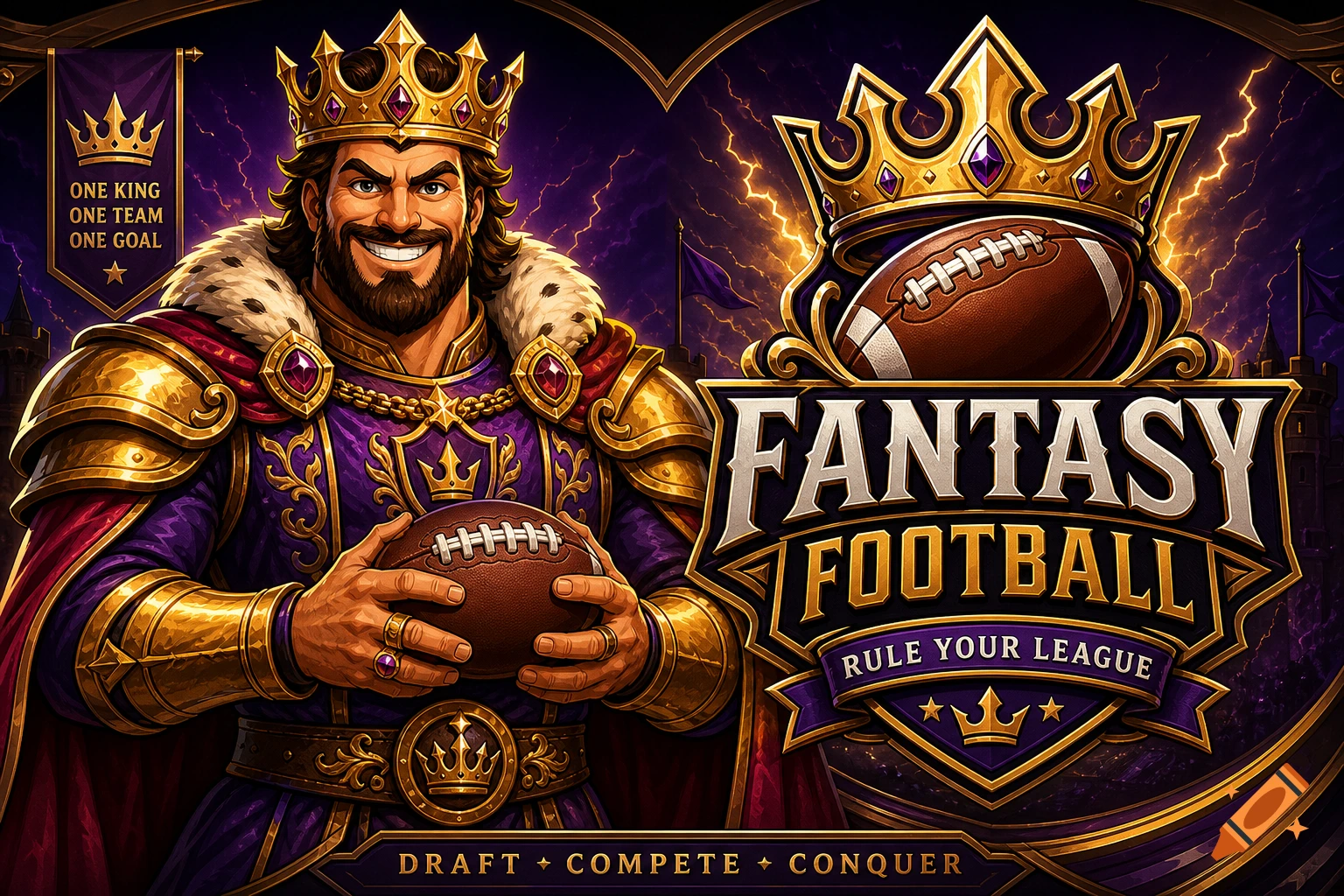 Cartoon king holding a football next to a fantasy football shield logo with lightning background.