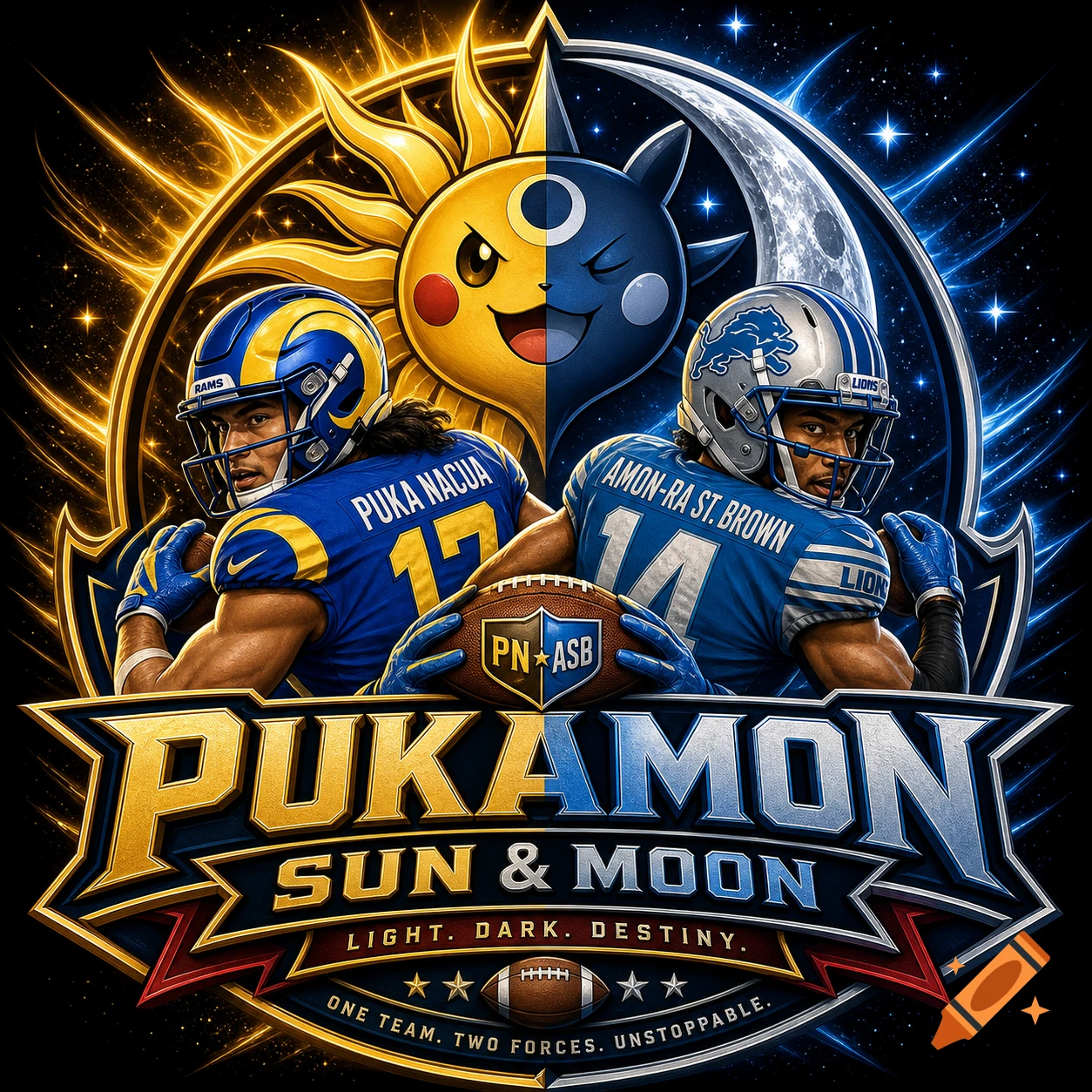 Digital art football logo featuring NFL players Puka Nacua and Amon-Ra St. Brown with a sun and moon Pokemon design.