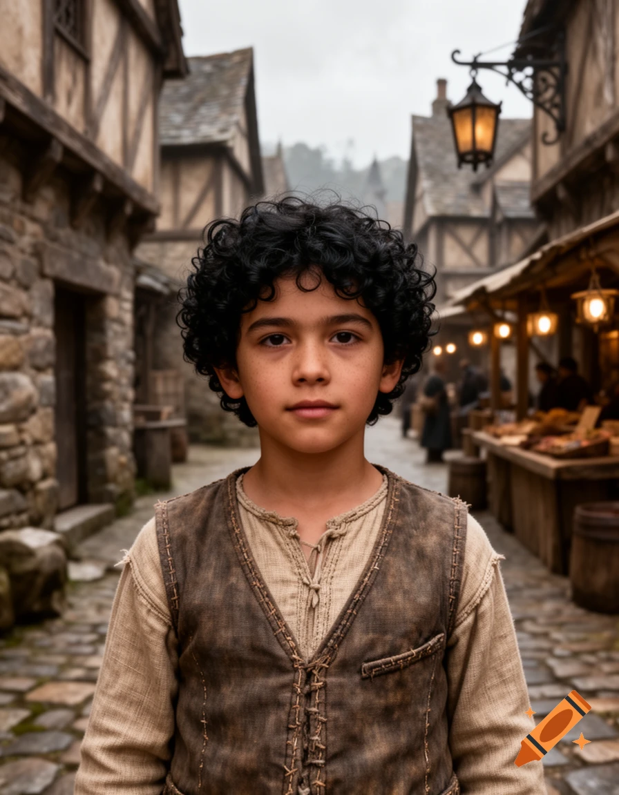 Photorealistic portrait of a young boy with dark curly hair, wearing a medieval vest, standing in a medieval village street.