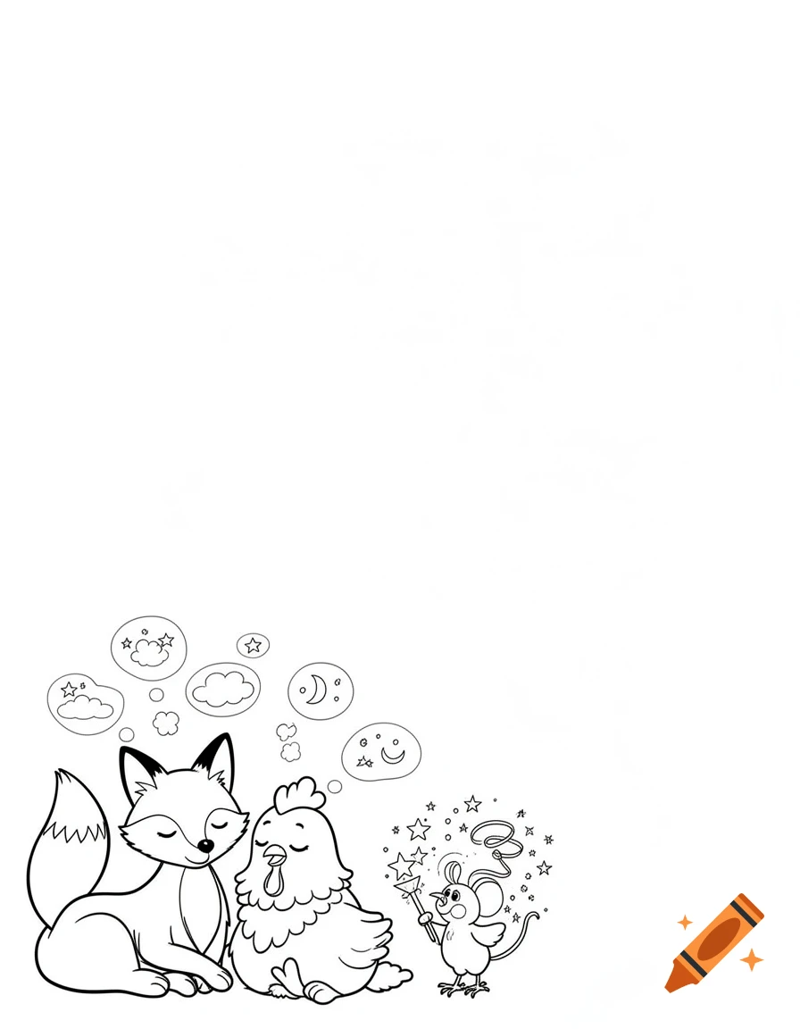 Black and white coloring page showing a sleeping fox and chicken dreaming with thought bubbles, and a small mouse doing magic with stars.