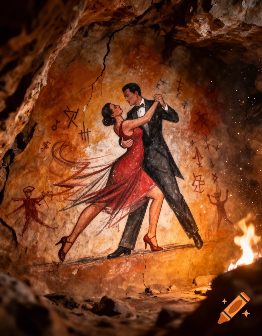 Cave painting depicting a man in a tuxedo and a woman in a red dress dancing tango, illuminated by a fire.