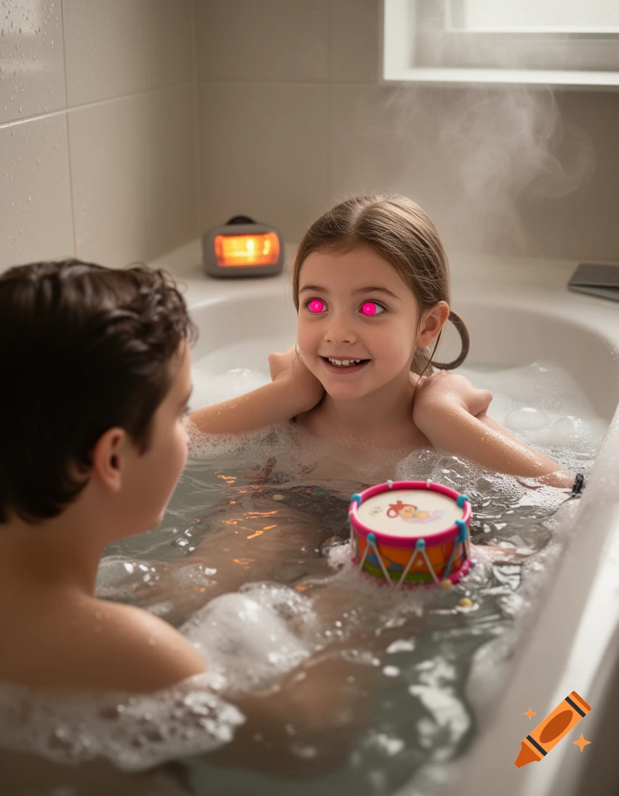 Photorealistic image of two children in a bathtub, a little girl with glowing pink eyes and a toy drum.