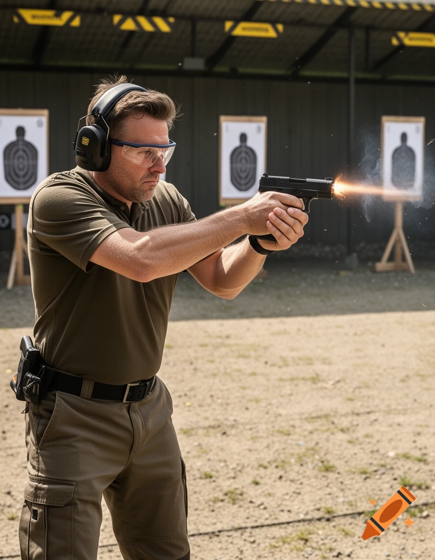 Photorealistic image of a man shooting a pistol at a firing range target.