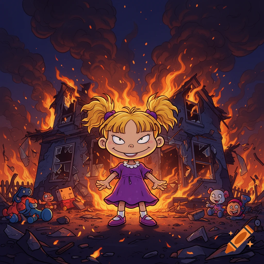 Cartoon illustration of a blonde toddler in a purple dress smiling in front of a burning house with debris and toys.