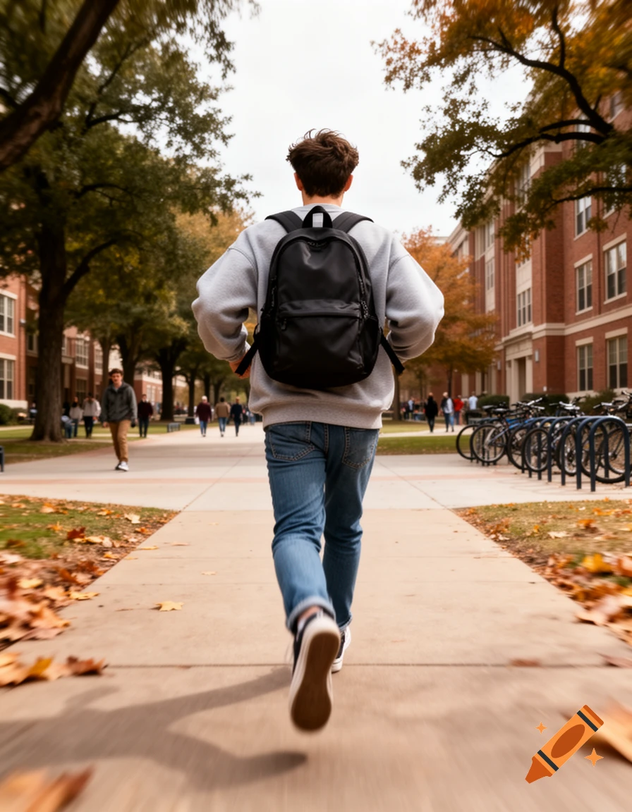 Low-angle action shot of a freshman student with a backpack running down a college campus walkway in autumn.