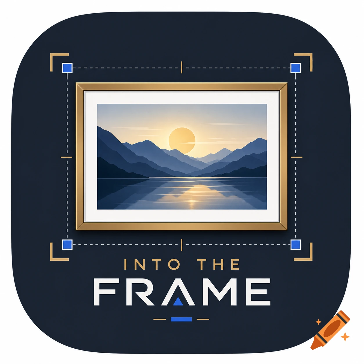 iOS app icon with a framed landscape picture of mountains and sunset, and text reading Into The Frame.