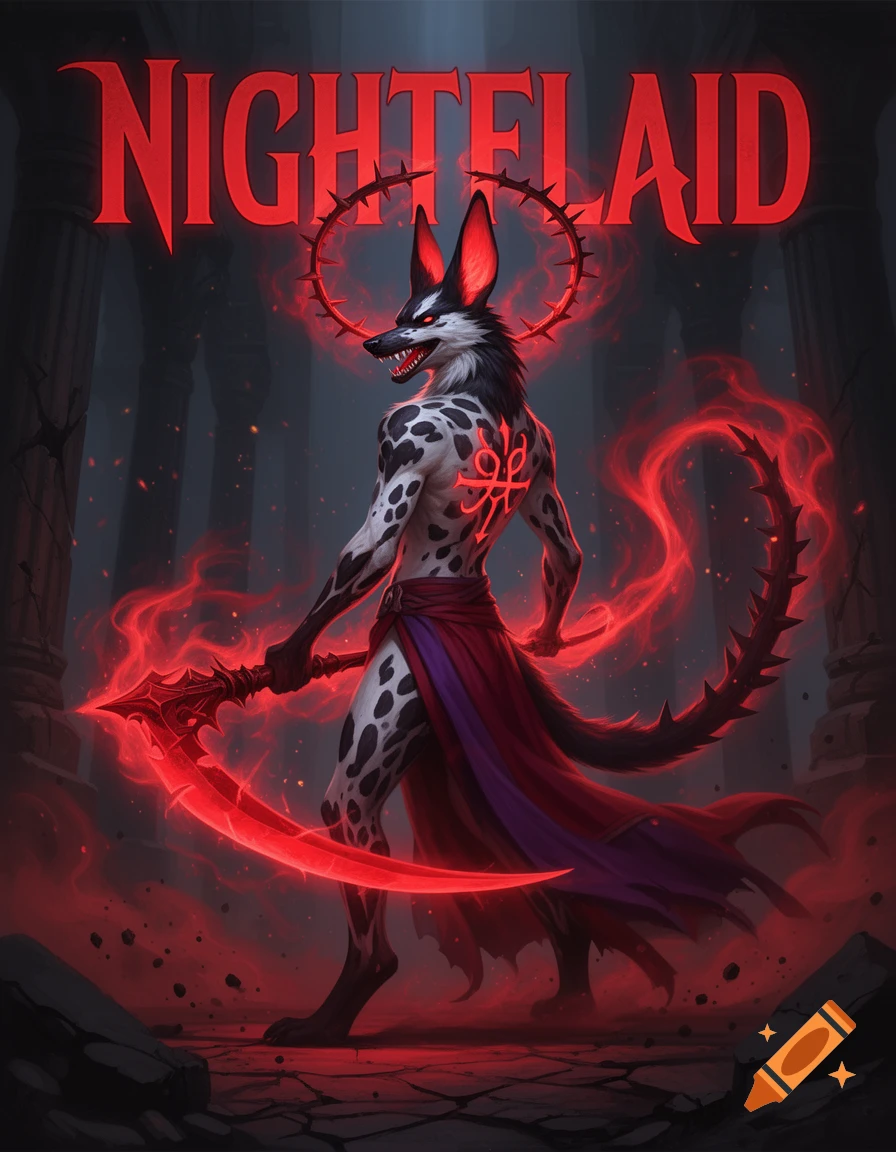 Digital painting of a jackal-like demon with black and white spots, a red spiked halo, and a glowing red scythe in a dark corridor.