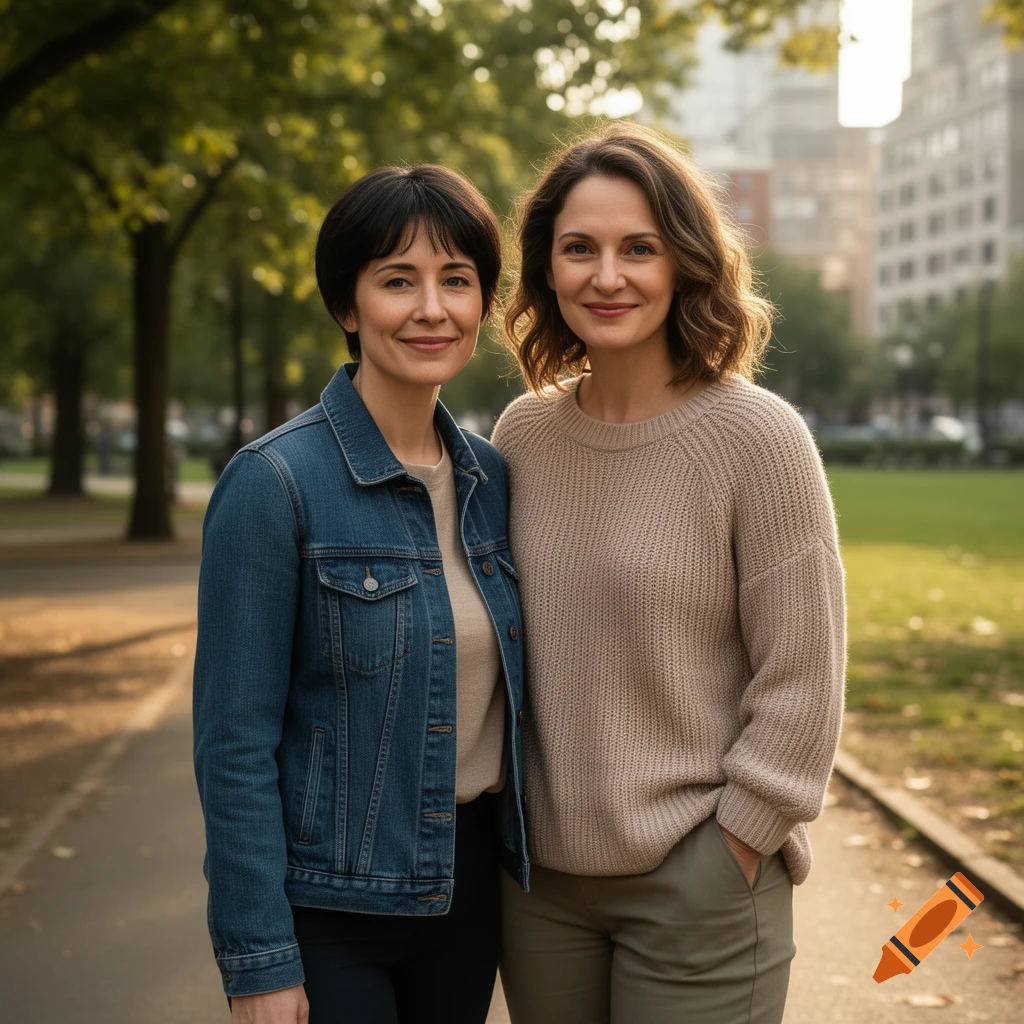 Photorealistic portrait of two women smiling together while standing on a path in a park.