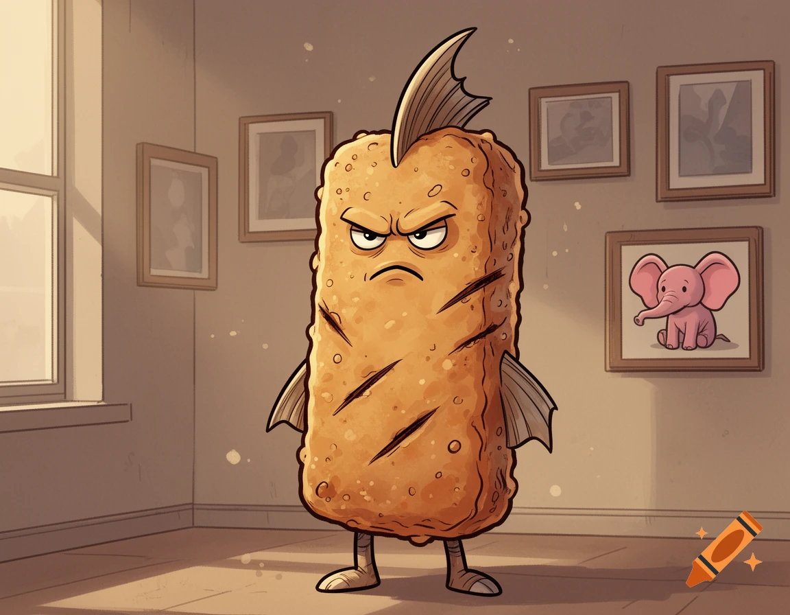 An angry, scar-faced fish stick character standing in a room with framed pictures, in a comic style.