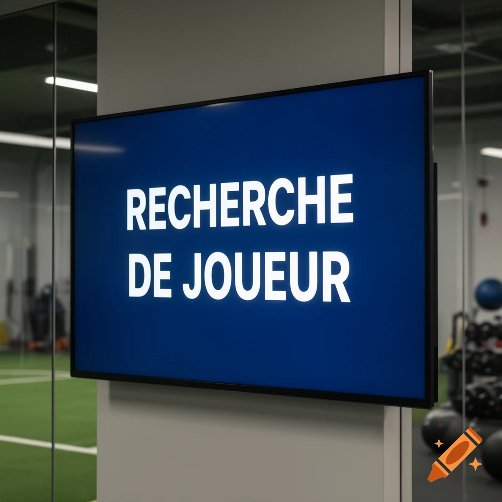 A digital screen displaying 'RECHERCHE DE JOUEUR' in a modern interior setting.