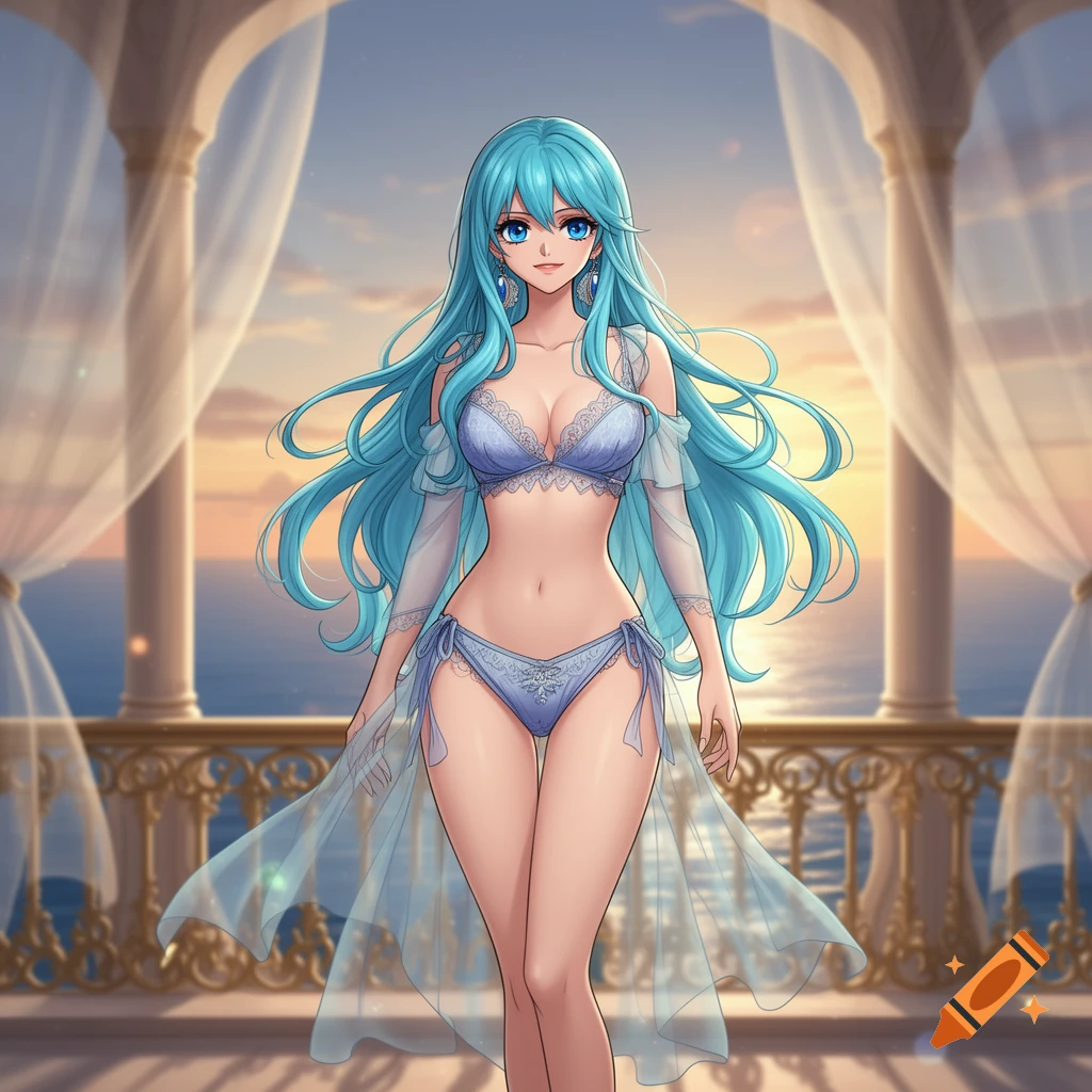 Anime style portrait of a long blue-haired woman in blue lingerie standing on a balcony overlooking the sea at sunset.