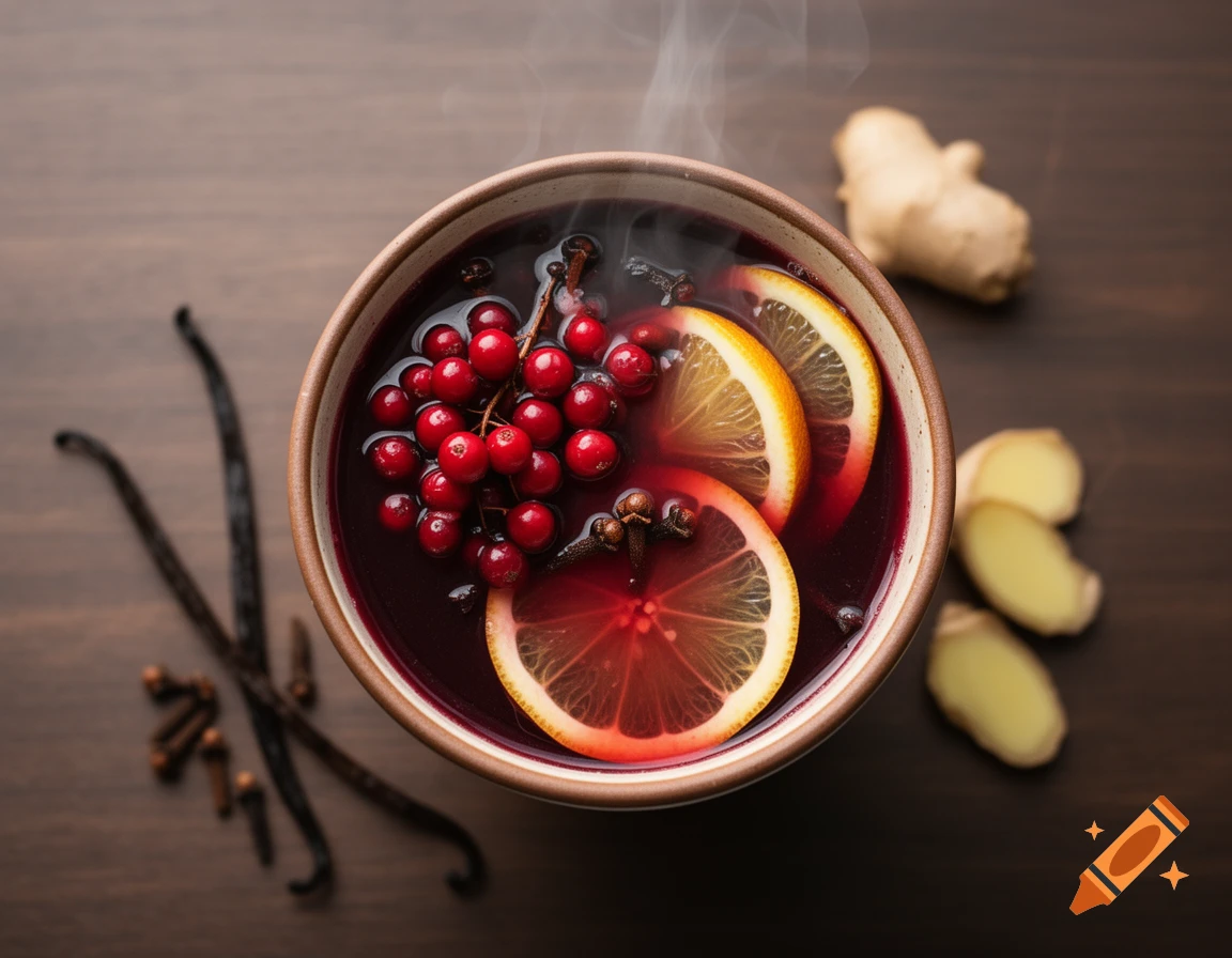Top-down view of a ceramic bowl filled with dark red mulled wine, garnished with sliced oranges, red berries, cloves, and vanilla pods, with ginger nearby.