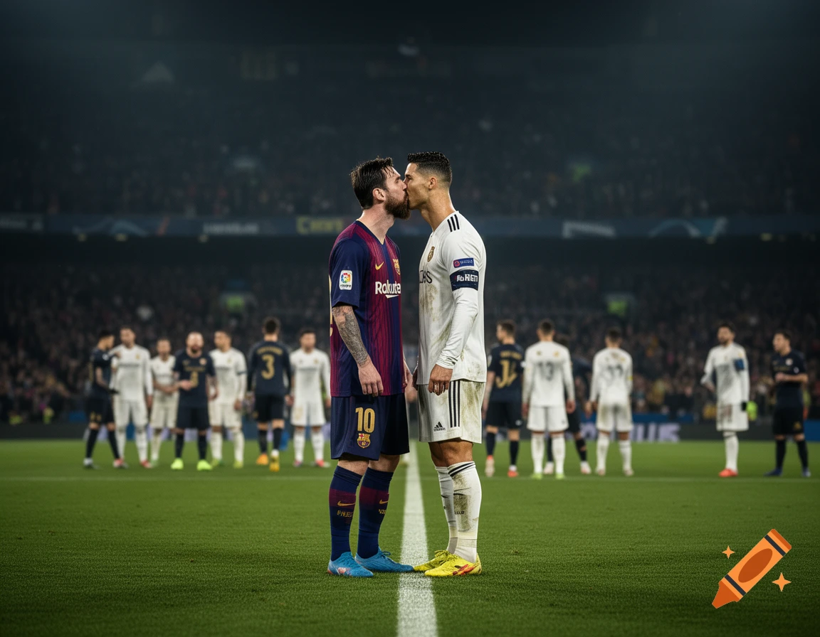 Photorealistic image of two male soccer players standing nose-to-nose on a glowing field in a crowded stadium.