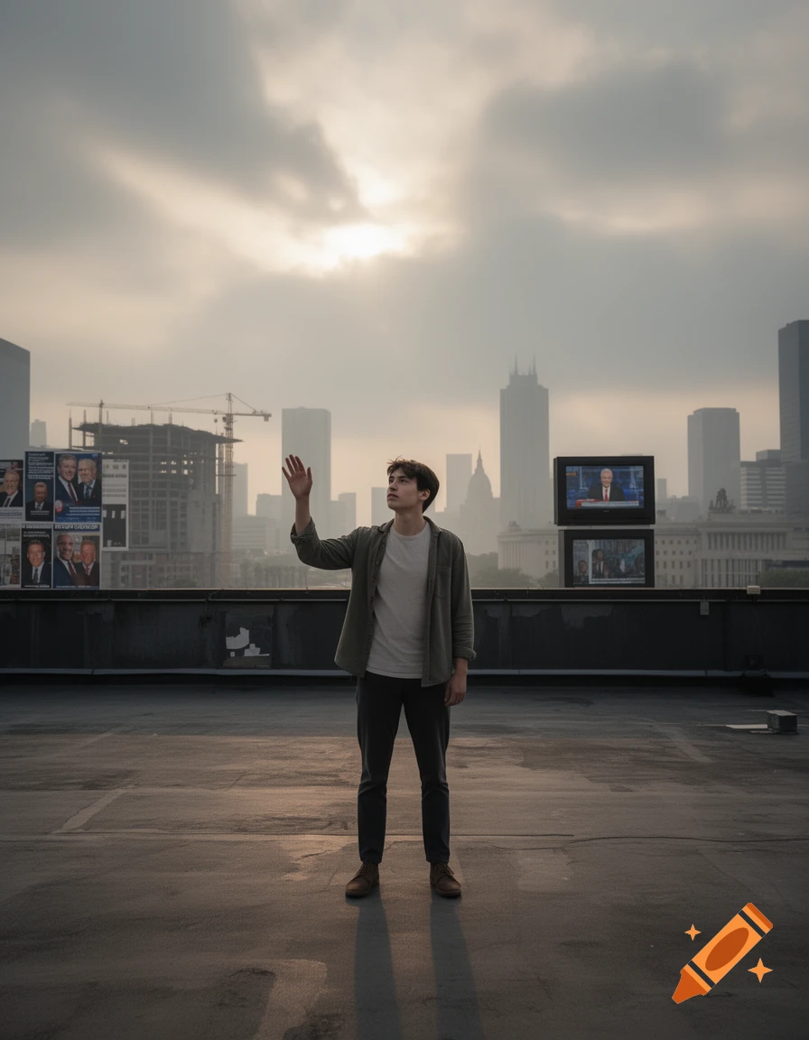 A young man standing on a rooftop with his hand raised, looking at the city skyline under a cloudy sky.