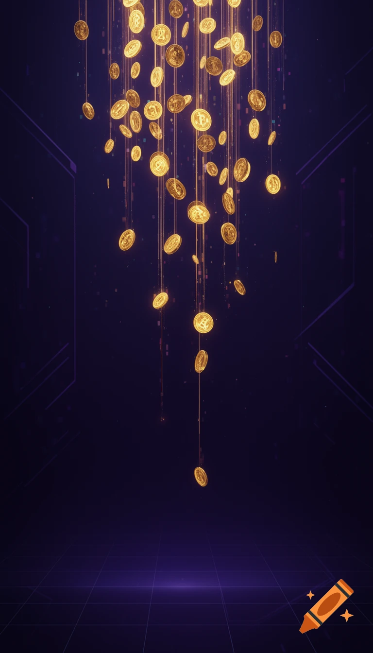 Vertical digital background with glowing gold coins falling against a dark blue and purple futuristic grid.