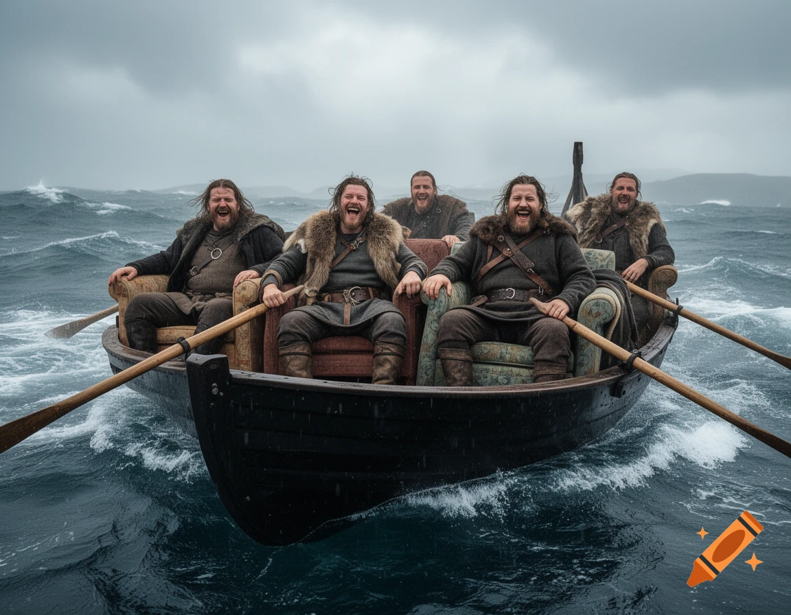 Photorealistic image of bearded Vikings laughing while sitting in armchairs inside a rowing boat on a stormy sea.