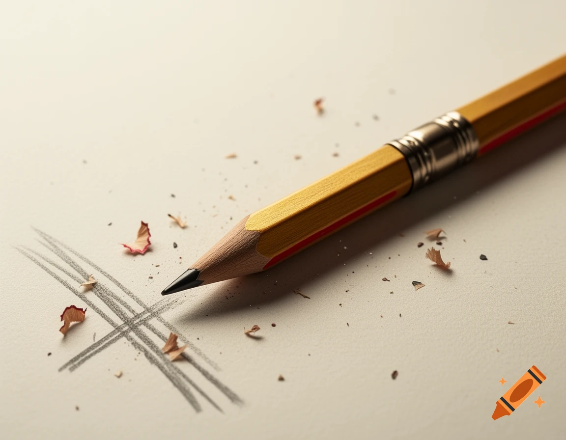 Close-up photorealistic shot of a yellow pencil and wood shavings on paper, with sketched lines.