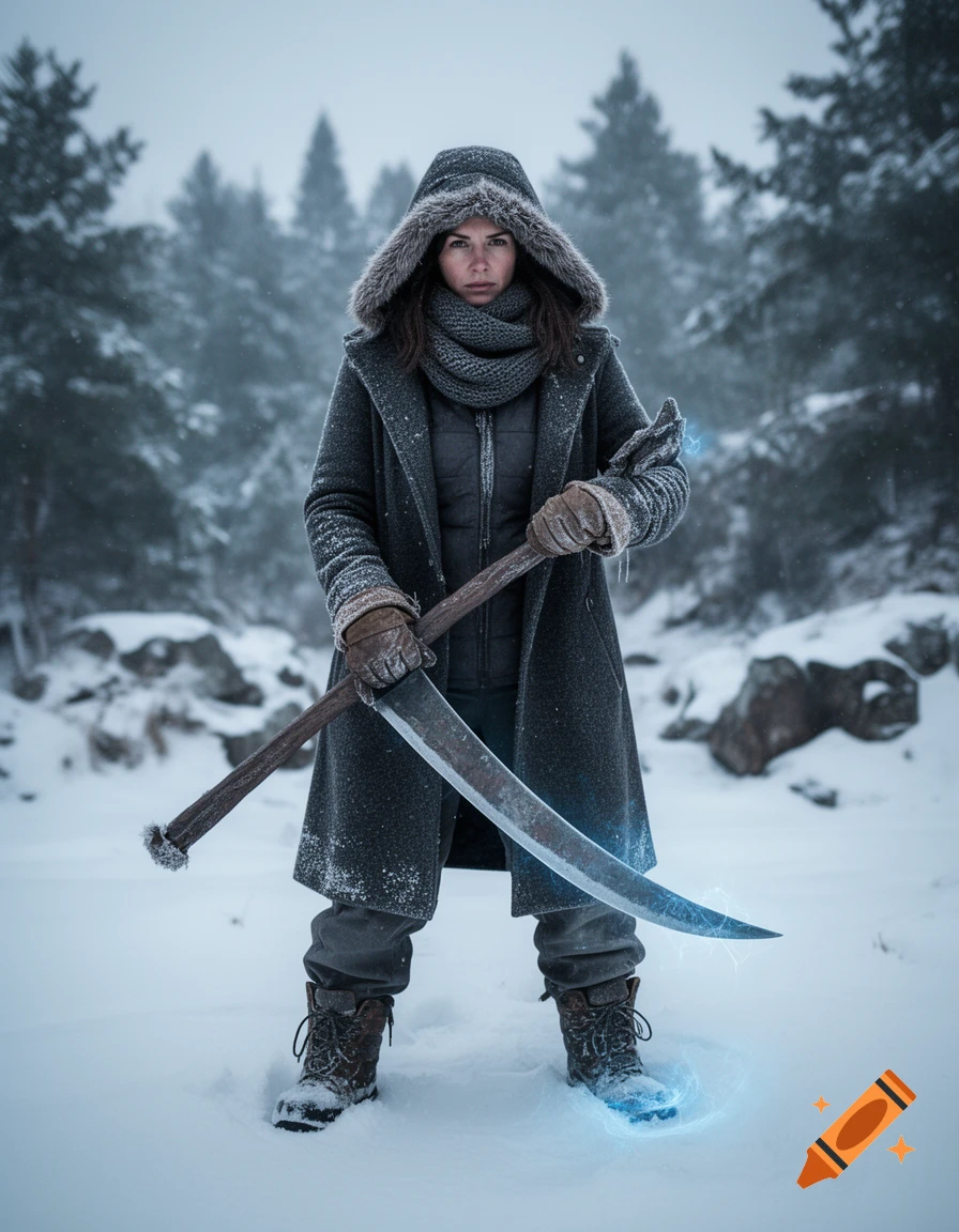 Photorealistic image of a female warlock in heavy winter clothing holding a large scythe in a snowy forest.
