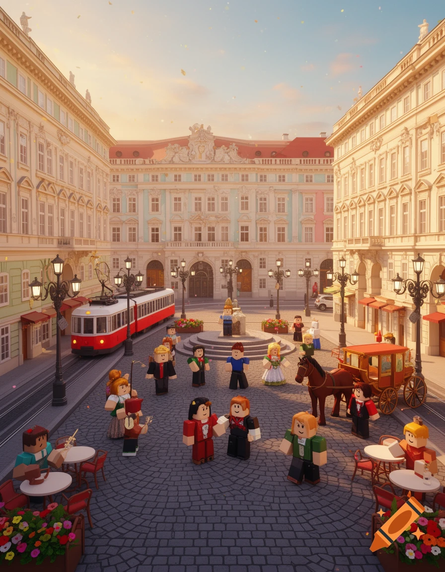 Roblox-style city square in Vienna with historic buildings, a tram, horse-drawn carriage, and blocky avatars in a sunny setting.