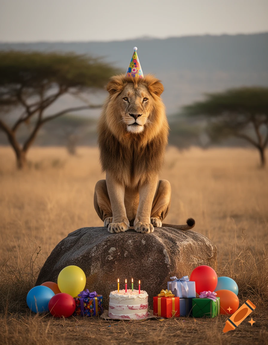 A photorealistic male lion wearing a birthday hat sits on a large rock surrounded by birthday cakes, presents, and balloons in a savannah landscape.