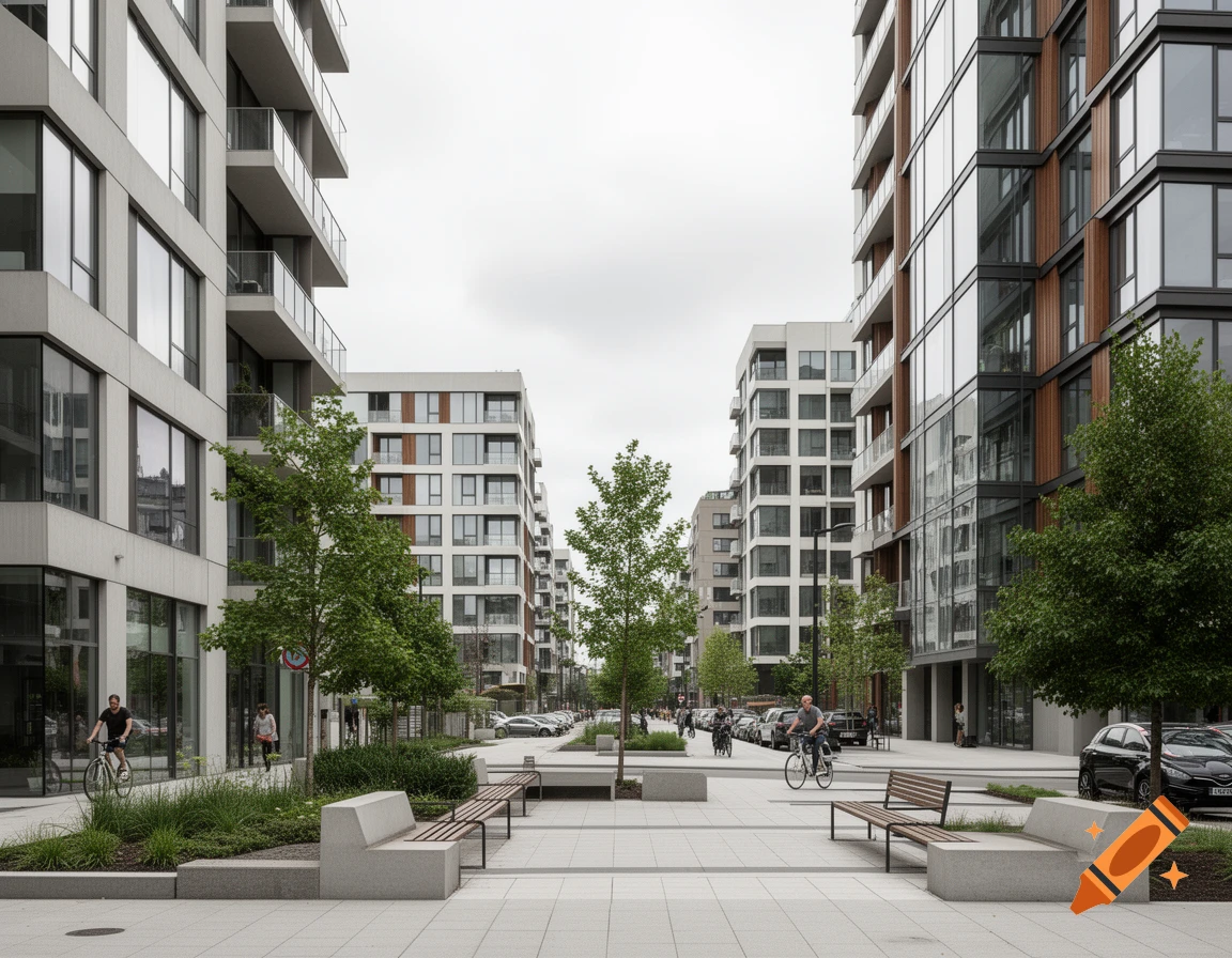 Photorealistic modern urban pedestrian street lined with glass apartment buildings, trees, and benches.