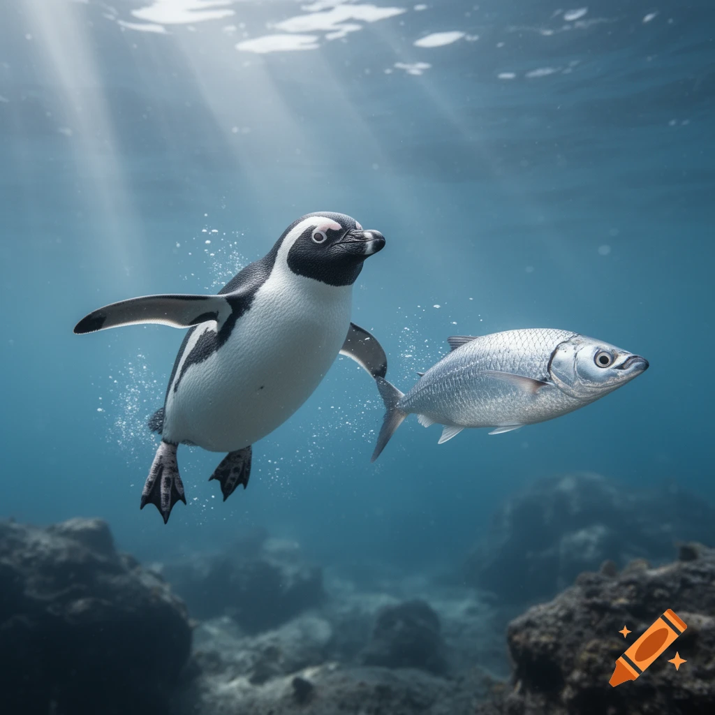 Photorealistic underwater view of a penguin chasing a silver fish amidst sunbeams and rocky seabed.