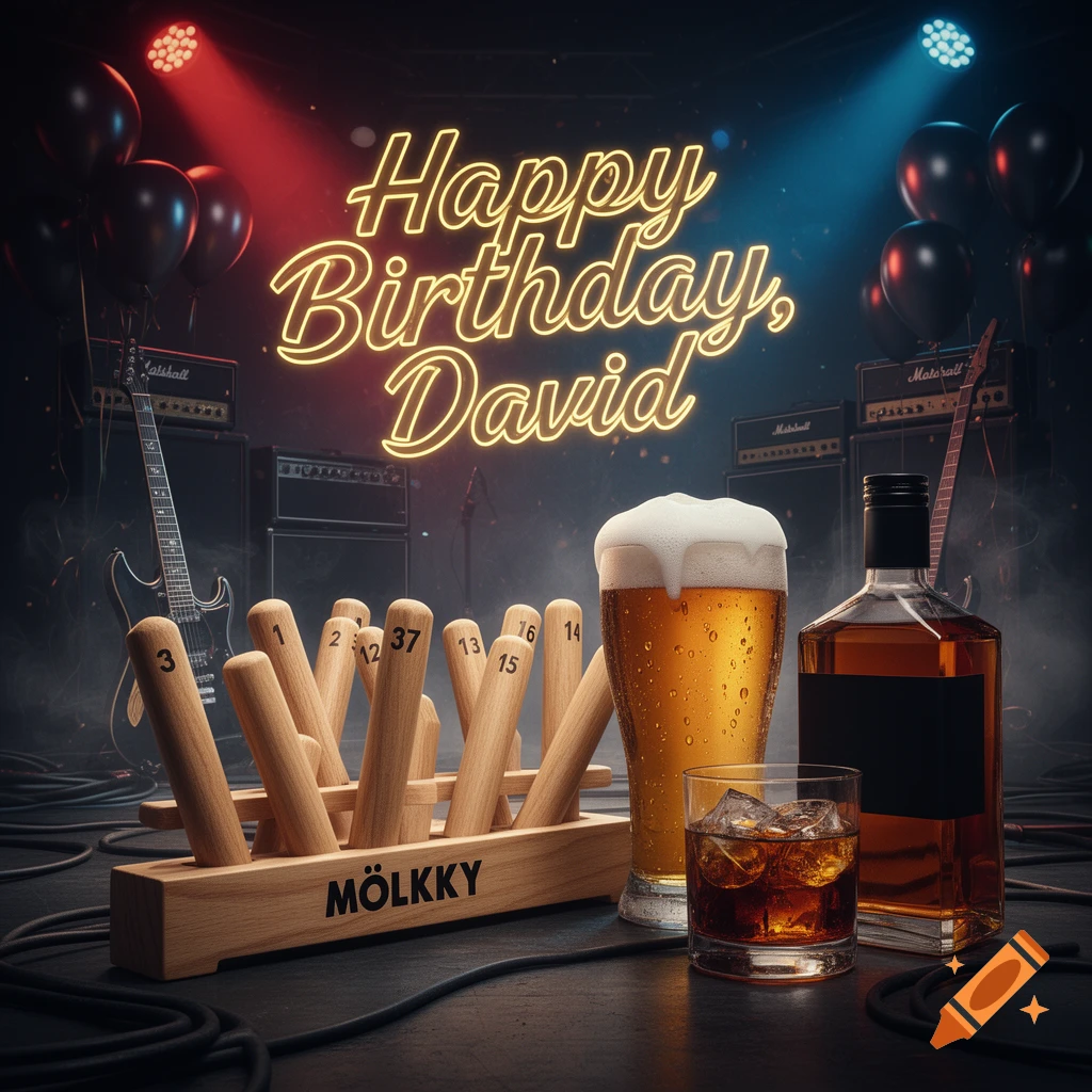 A rock-themed birthday party setup with a Mölkky game, beer, whiskey, neon lights, and guitars.