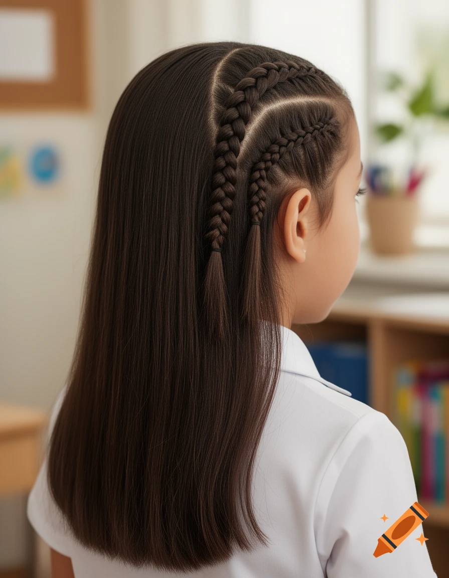 Photorealistic back-three-quarters view of a young girl with long straight brown hair and two braided sections on top of her head.