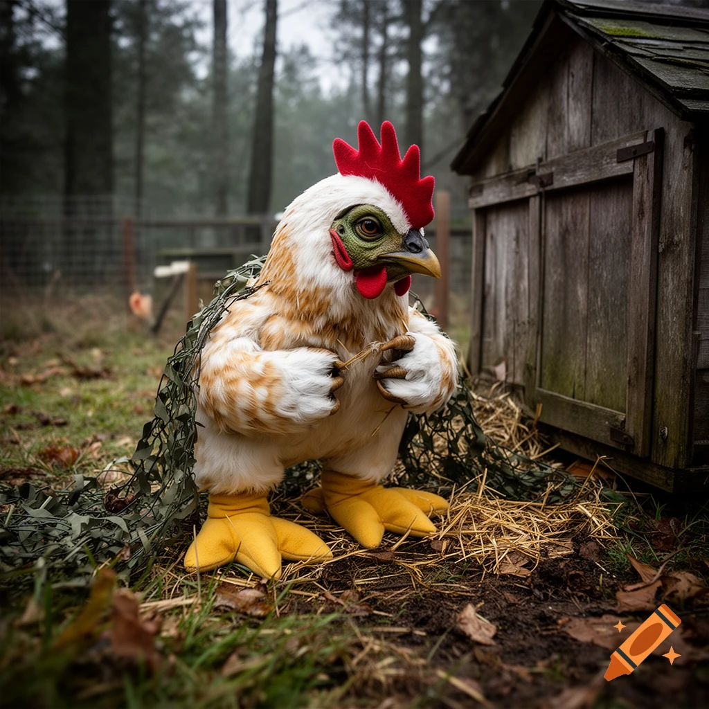 A photorealistic creature resembling a goblin disguised in a chicken costume, standing near a wooden coop in a forest.