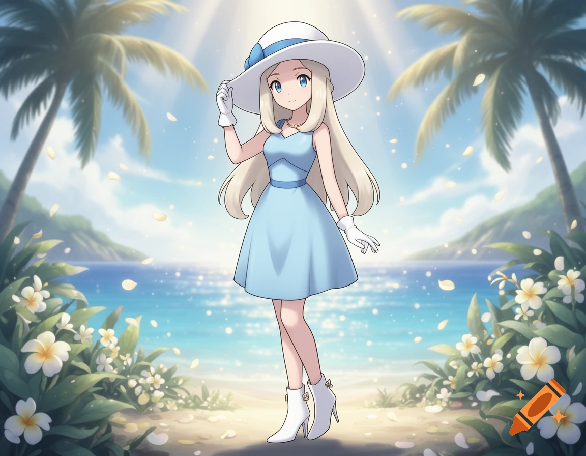 Anime style illustration of Lillie from Pokemon wearing a light blue dress and white sun hat on a tropical beach with palm trees and flowers.