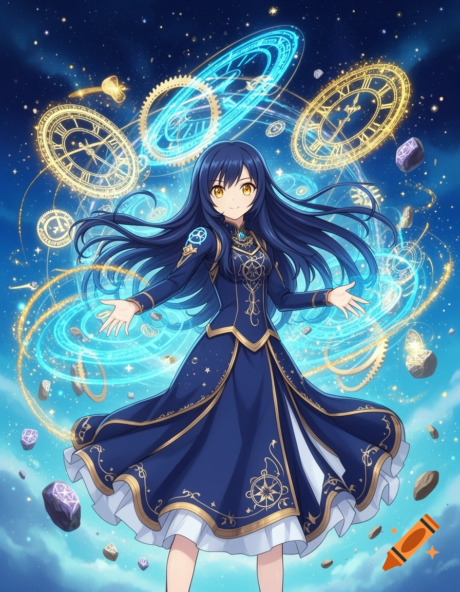 Anime girl with long dark blue hair casting time and gravity magic surrounded by glowing clocks and floating stones.