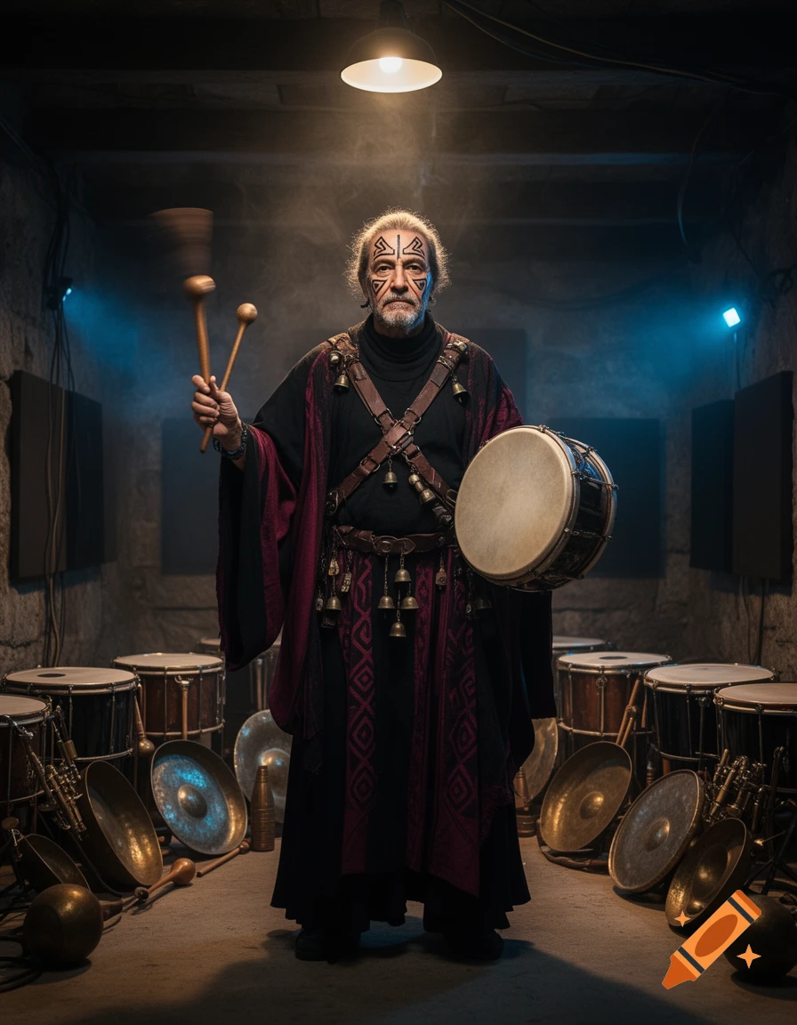 Photorealistic portrait of a high priest with facial tattoos, holding a drum and drumsticks in a dungeon filled with percussion instruments.
