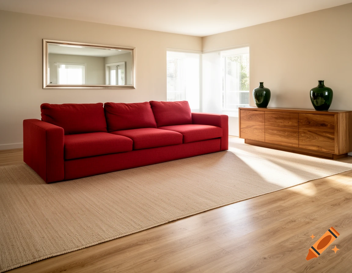 Photorealistic living room with a red three-seater couch, a large beige rug, wooden floors, a mirror, and a wooden sideboard with two green vases.