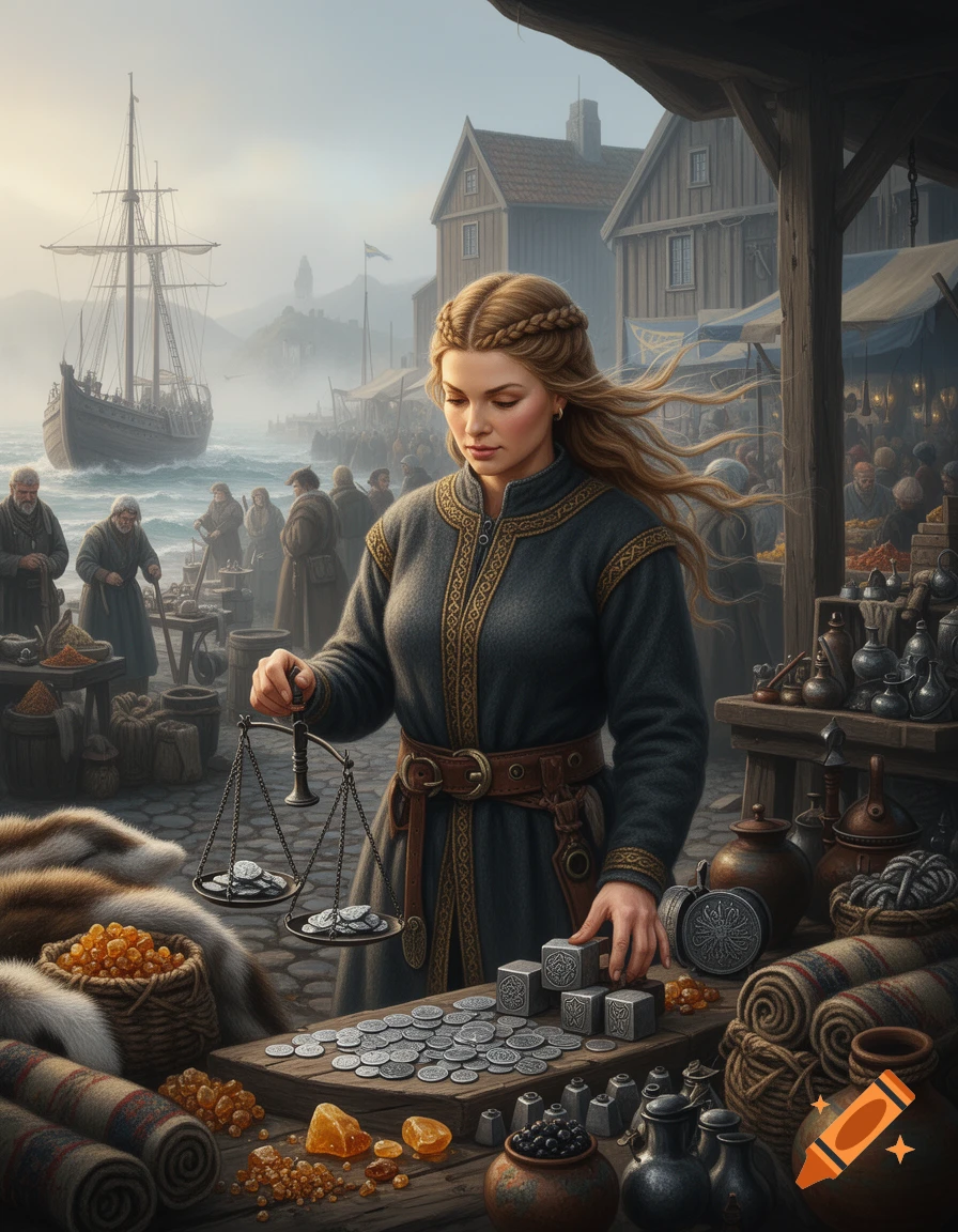A Viking female merchant weighing silver coins at a bustling seaside market with ships in the background, digital painting style.