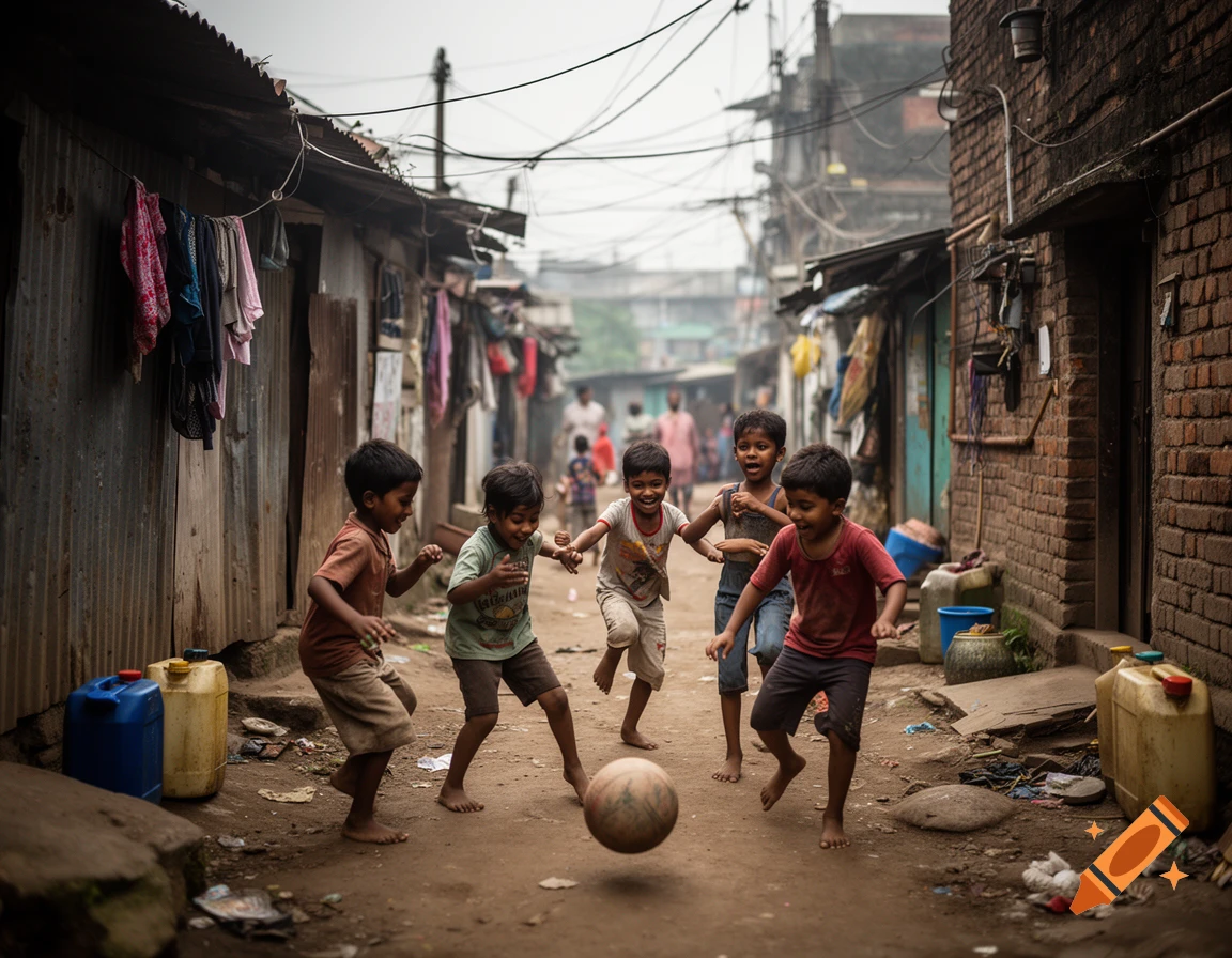 Photorealistic image of several children playing football in a dusty alley of a slum.