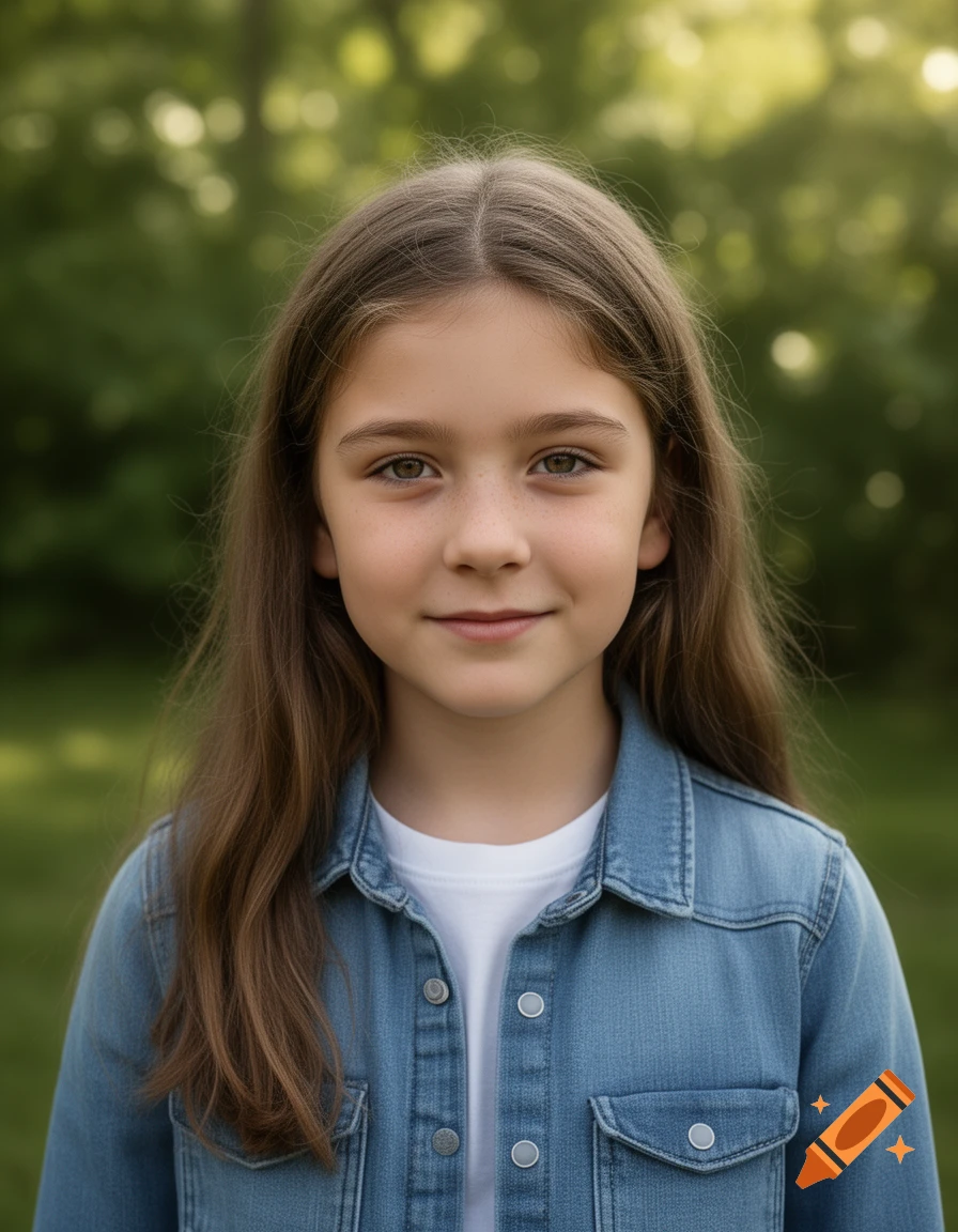 Photorealistic portrait of a young girl with brown hair and freckles, wearing a denim shirt, outdoors.