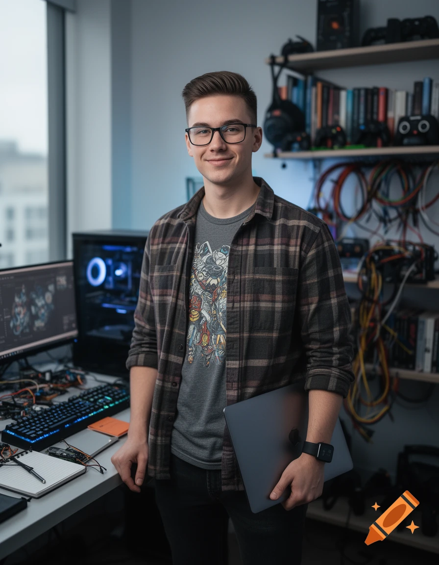 Photorealistic portrait of a young man with glasses holding a laptop in a tech-filled room.