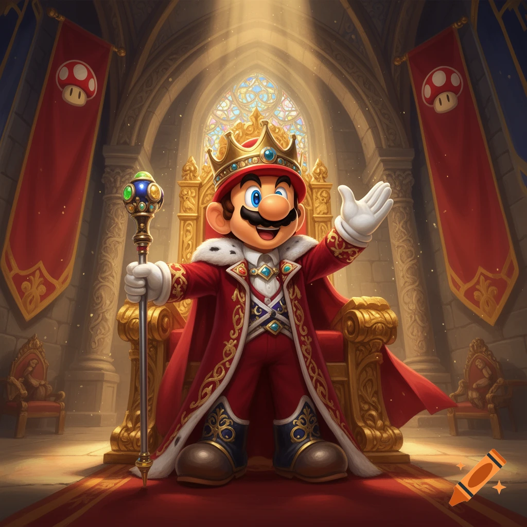 Mario wearing a royal crown and red cape, holding a scepter while standing on a throne in a grand castle hall, digital art.