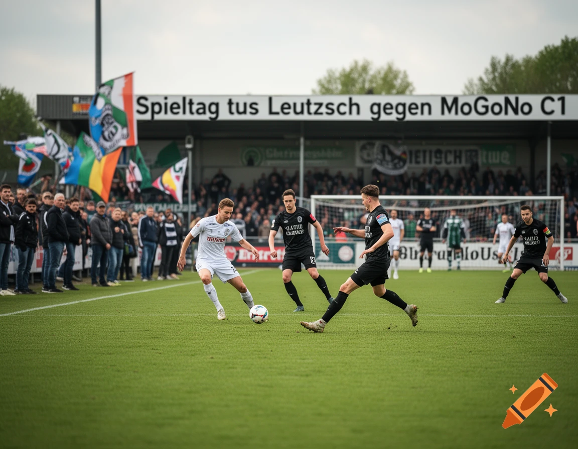 Photorealistic image of a soccer match with players on the field, a ball, spectators, and a banner reading 'Spieltag tus Leutzsch gegen MoGoNo C1'.