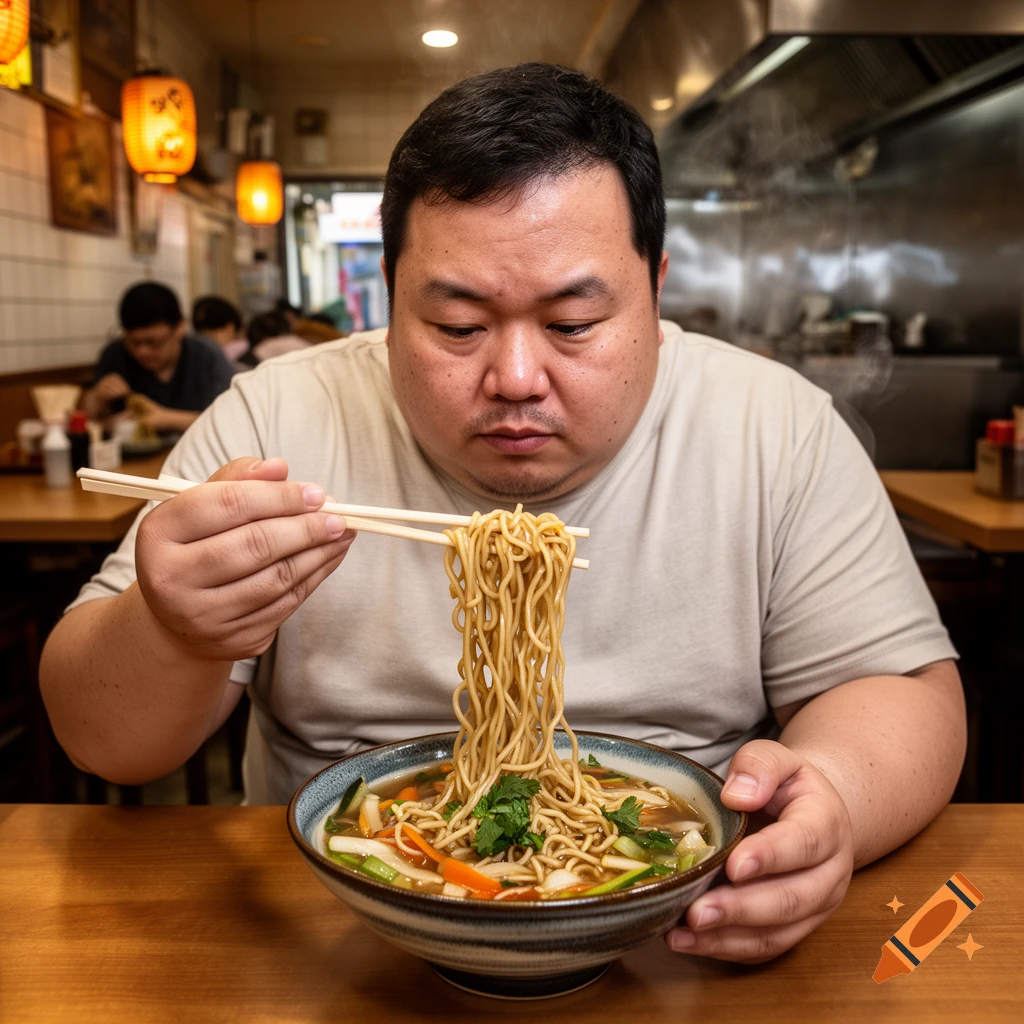 A photograph of a man eating a bowl of noodles with chopsticks in a restaurant.