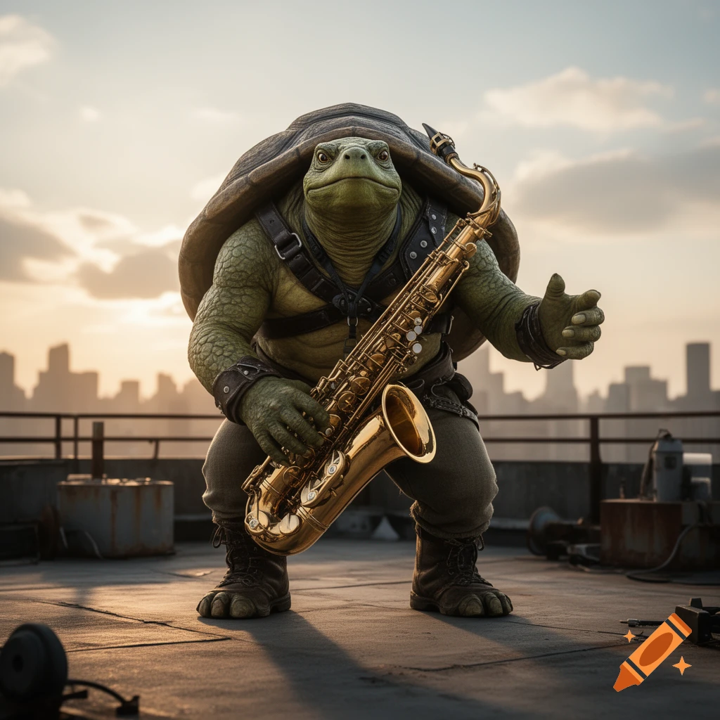 A photorealistic humanoid turtle with a shell standing on a rooftop at sunset, holding a golden saxophone.