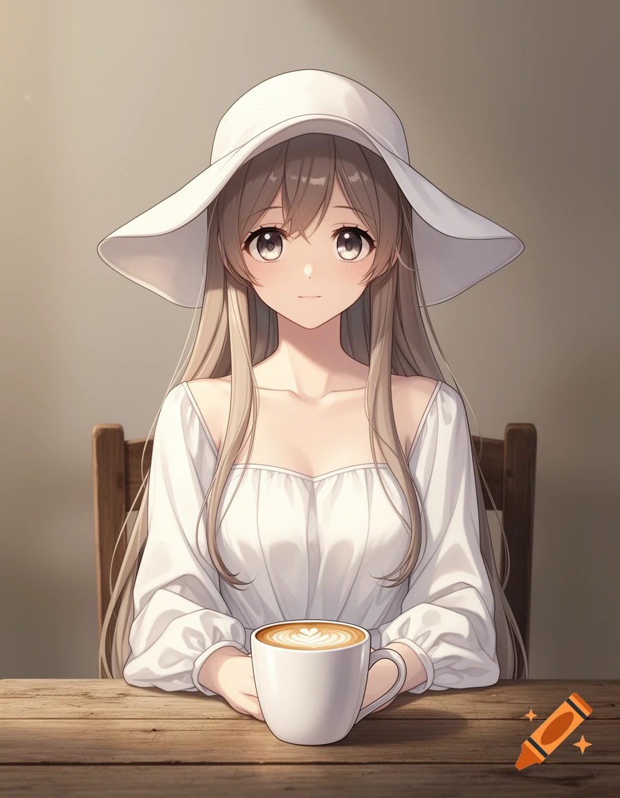 Digital anime illustration of a woman in a white dress and floppy hat sitting at a wooden table with a cappuccino.