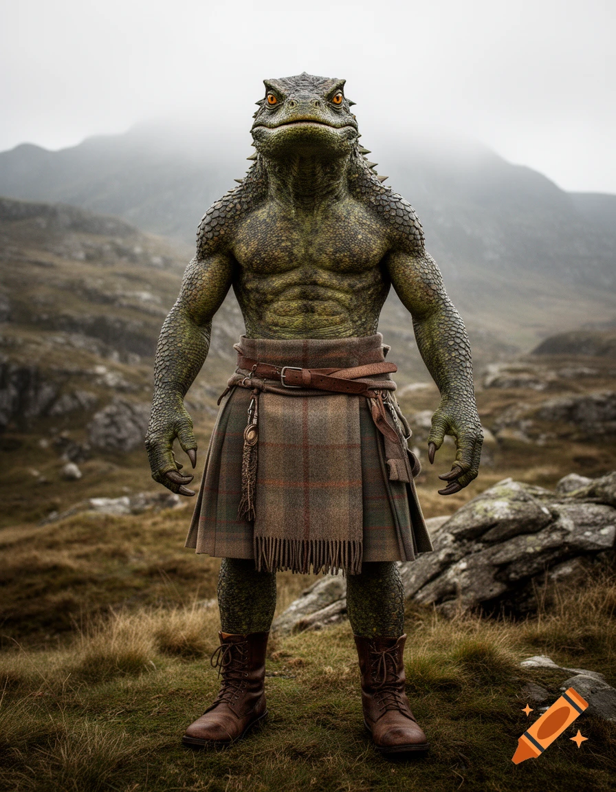 Photorealistic image of a muscular lizardman wearing a traditional kilt and boots, standing in a foggy mountainous landscape.