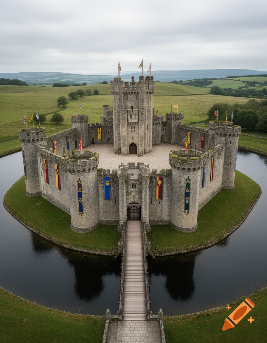 Aerial photorealistic view of a medieval octagonal stone castle with a moat, drawbridge, towers, and colorful banners.