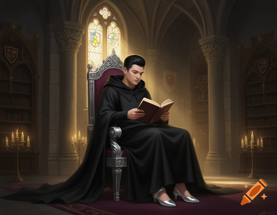 A man with dark hair in a black hooded robe and silver slingback shoes sits on a stone throne reading a book in a castle library.