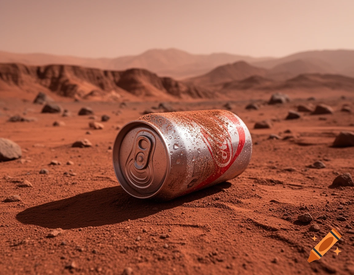 Photorealistic image of a soda can lying on the dusty red surface of Mars with distant mountains.